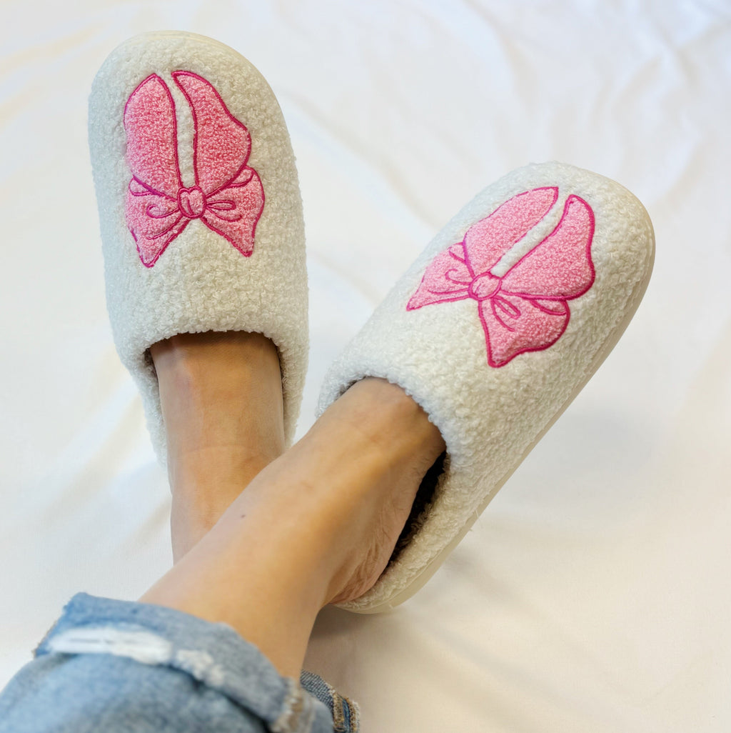 Pink Lounge Bow Cozy Slippers - Be YOUnique