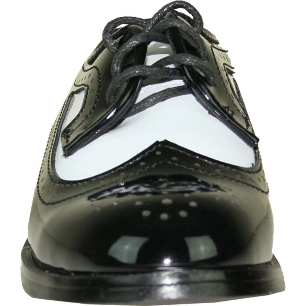 VANGELO Boy Dress Shoe TAB - 3KID Oxford Formal Tuxedo for Prom & Wedding Black/White Patent Two Tone - Be YOUnique