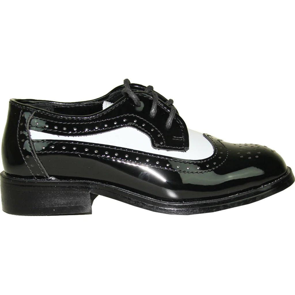 VANGELO Boy Dress Shoe TAB - 3KID Oxford Formal Tuxedo for Prom & Wedding Black/White Patent Two Tone - Be YOUnique