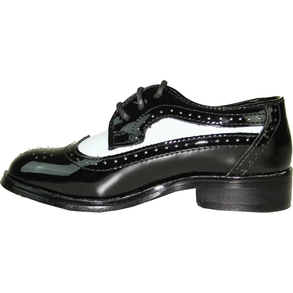 VANGELO Boy Dress Shoe TAB - 3KID Oxford Formal Tuxedo for Prom & Wedding Black/White Patent Two Tone - Be YOUnique
