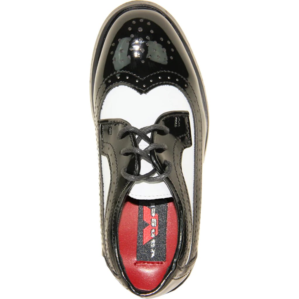 VANGELO Boy Dress Shoe TAB - 3KID Oxford Formal Tuxedo for Prom & Wedding Black/White Patent Two Tone - Be YOUnique